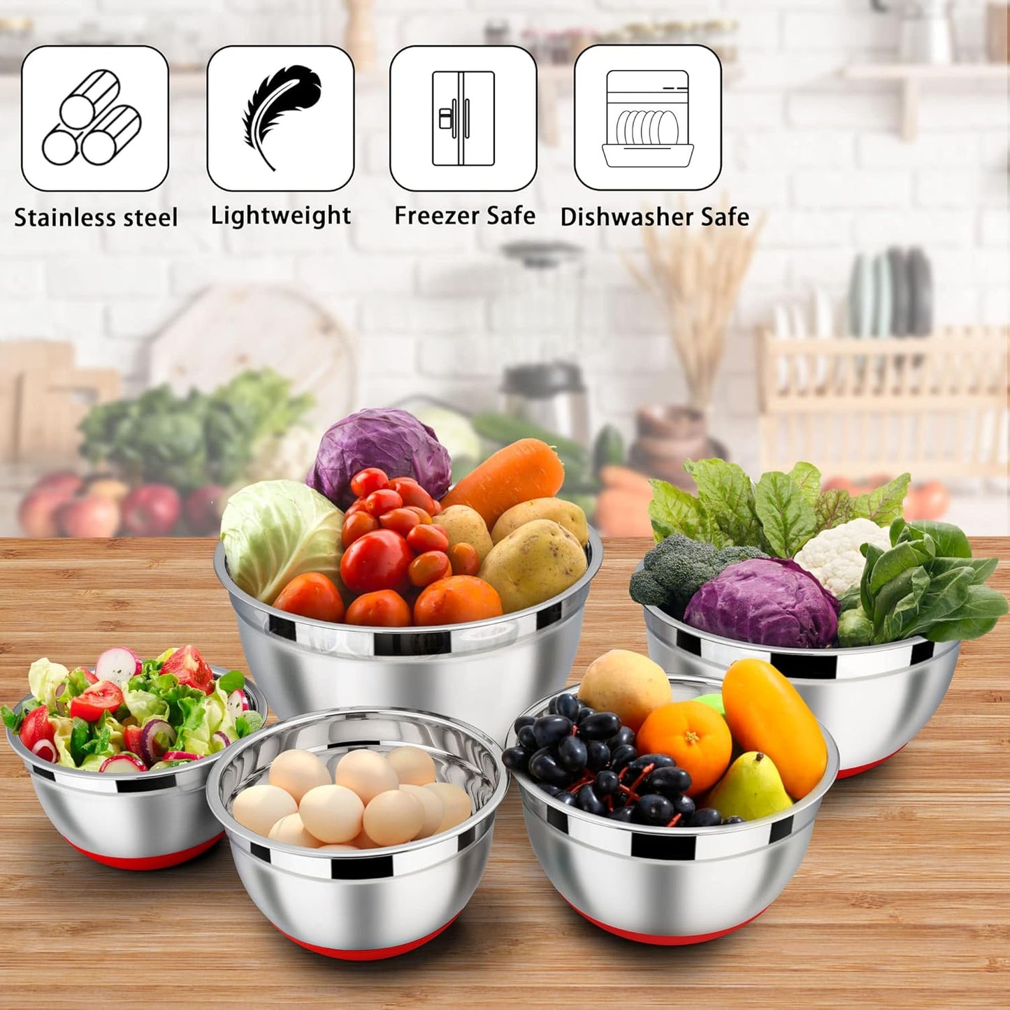 LIANYU Stainless Steel Mixing Bowls Sets of 6, Large 7, 3.5, 2.5, 2, 1.5, 1QT Size with Transparent Airtight Lids, Metal Nesting Serving Bowl Sets for Home Kitchen, Dishwasher & Freezer Safe, Black