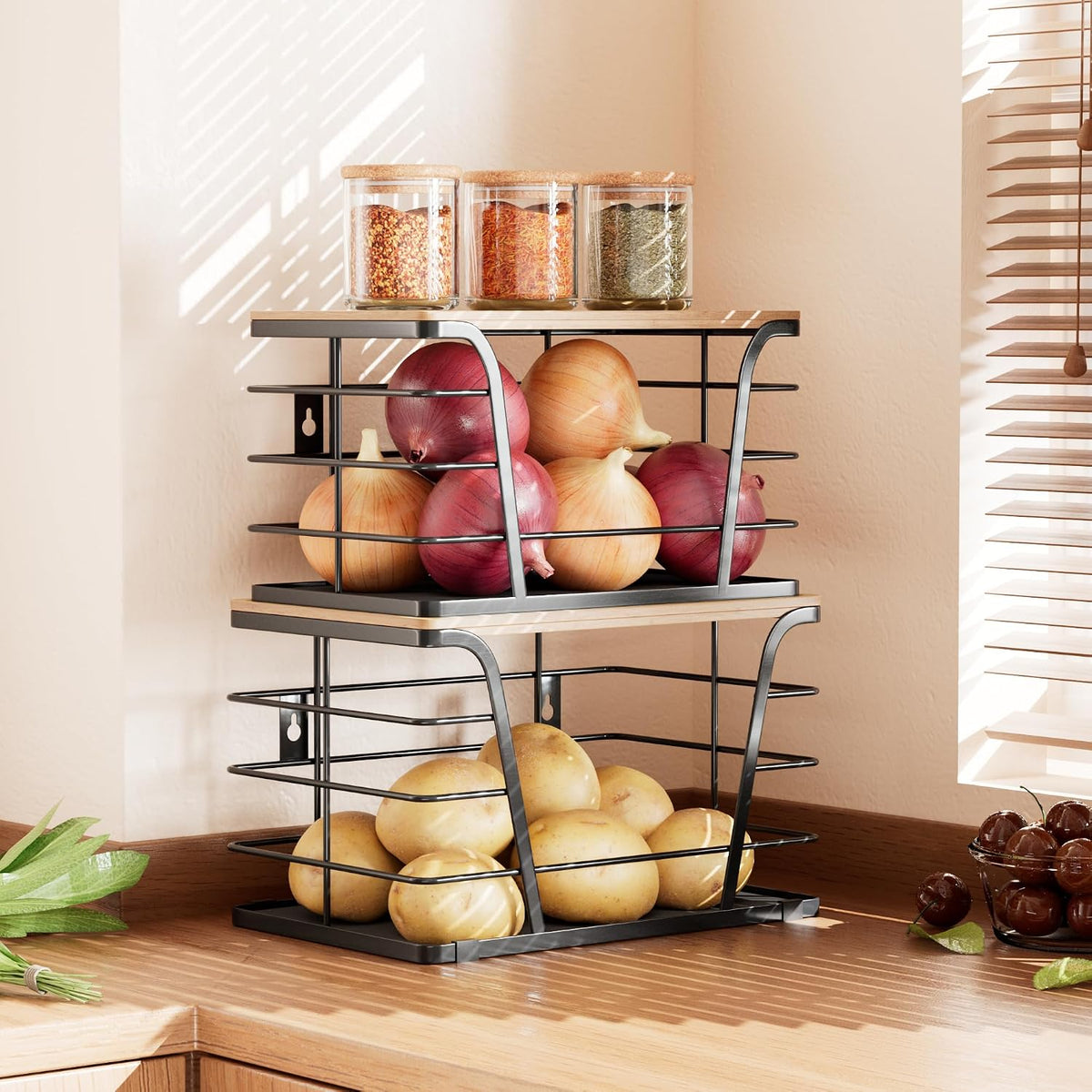 2 Pack Potato and Onion Storage Bins, Stackable Kitchen and Pantry Organizer with Bamboo Top & Lightweight PP Mat, for Vegetables, Fruit, Onion, Potato, Garlic - Pantry, Kitchen Storage Bins (Black)