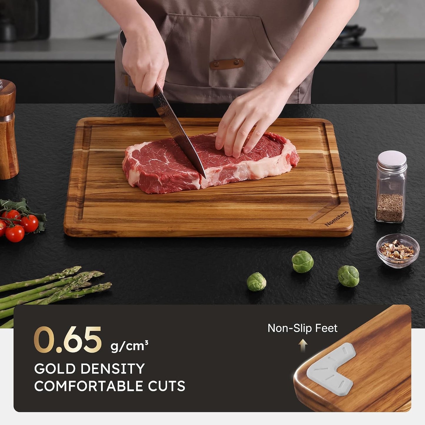 3 Pack Teak Wood Cutting Board Set for Kitchen Charcuterie Board Serving Heavy Duty Non Toxic Slip Hardwood Over Sink Solid Thick Haus Wooden Chopping Board Large Big Small Meat Best Essential Gift