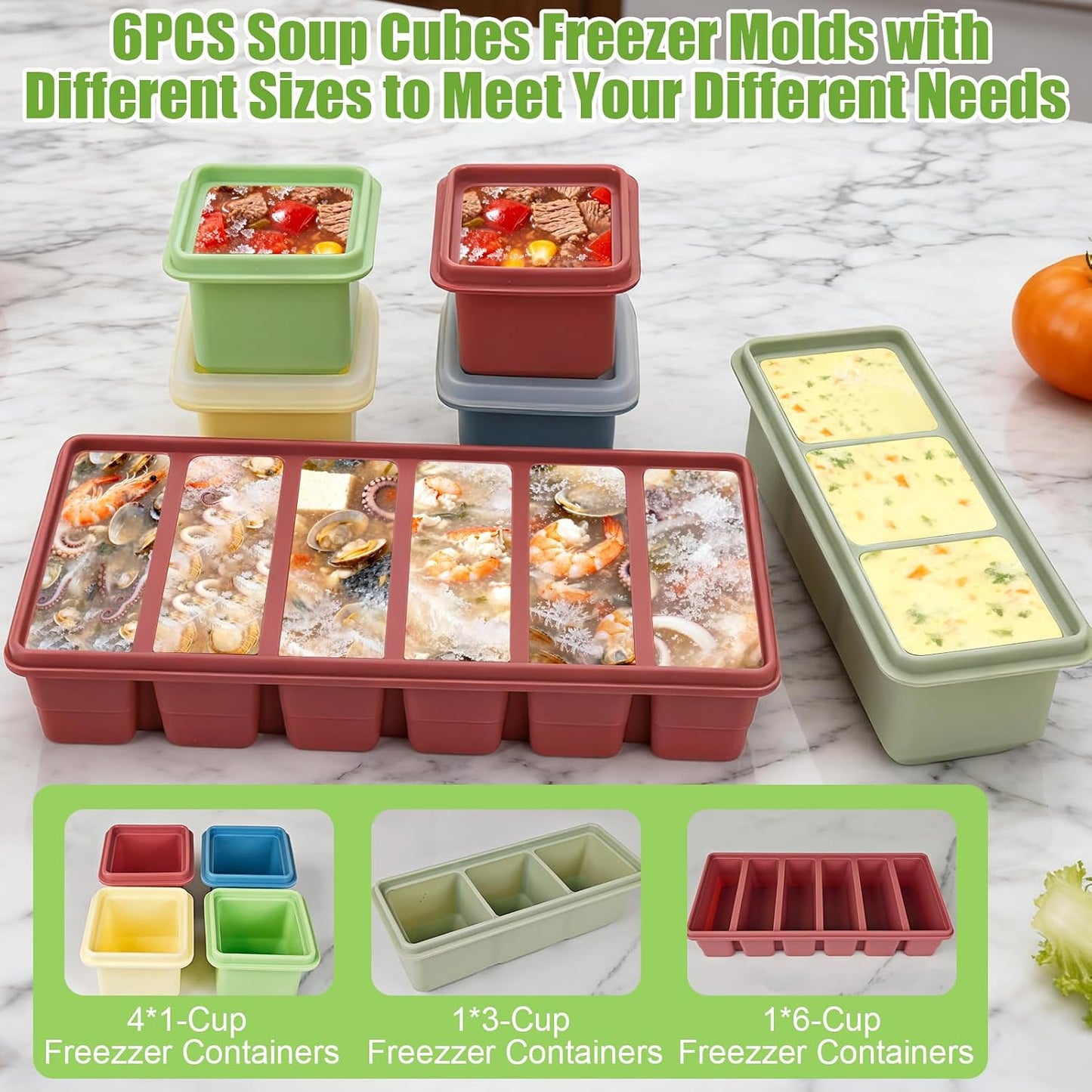 Juome Silicone Freezer Trays with Lid for Soup Cubes, 6 Pack Silicone Soup Freezer Molds for Meal Prep, 1& 3& 6-Cup Portion Soups Freezer Containers for Souper Ice Cube Food Storage, Dishwasher Safe