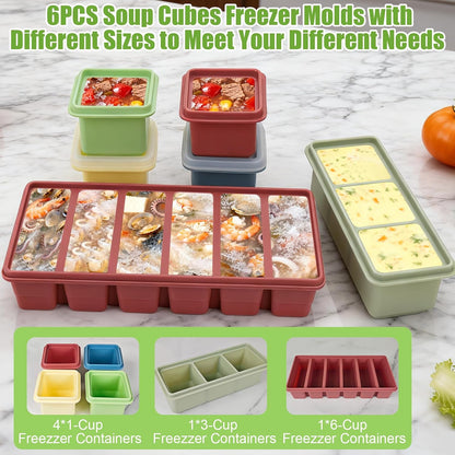 Juome Silicone Freezer Trays with Lid for Soup Cubes, 6 Pack Silicone Soup Freezer Molds for Meal Prep, 1& 3& 6-Cup Portion Soups Freezer Containers for Souper Ice Cube Food Storage, Dishwasher Safe