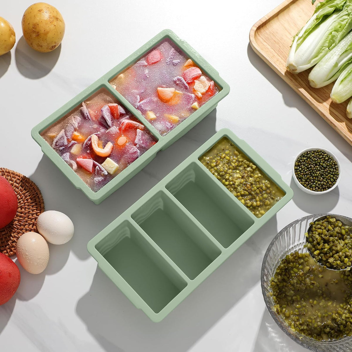Silicone Freezer Trays with Lid for Soup, 1-Cup & 2-Cup Large Ice Cube Molds Food Storage Containers for Meal Prep, Freeze 500mL/250mL/125mL Portions – 2 Pack