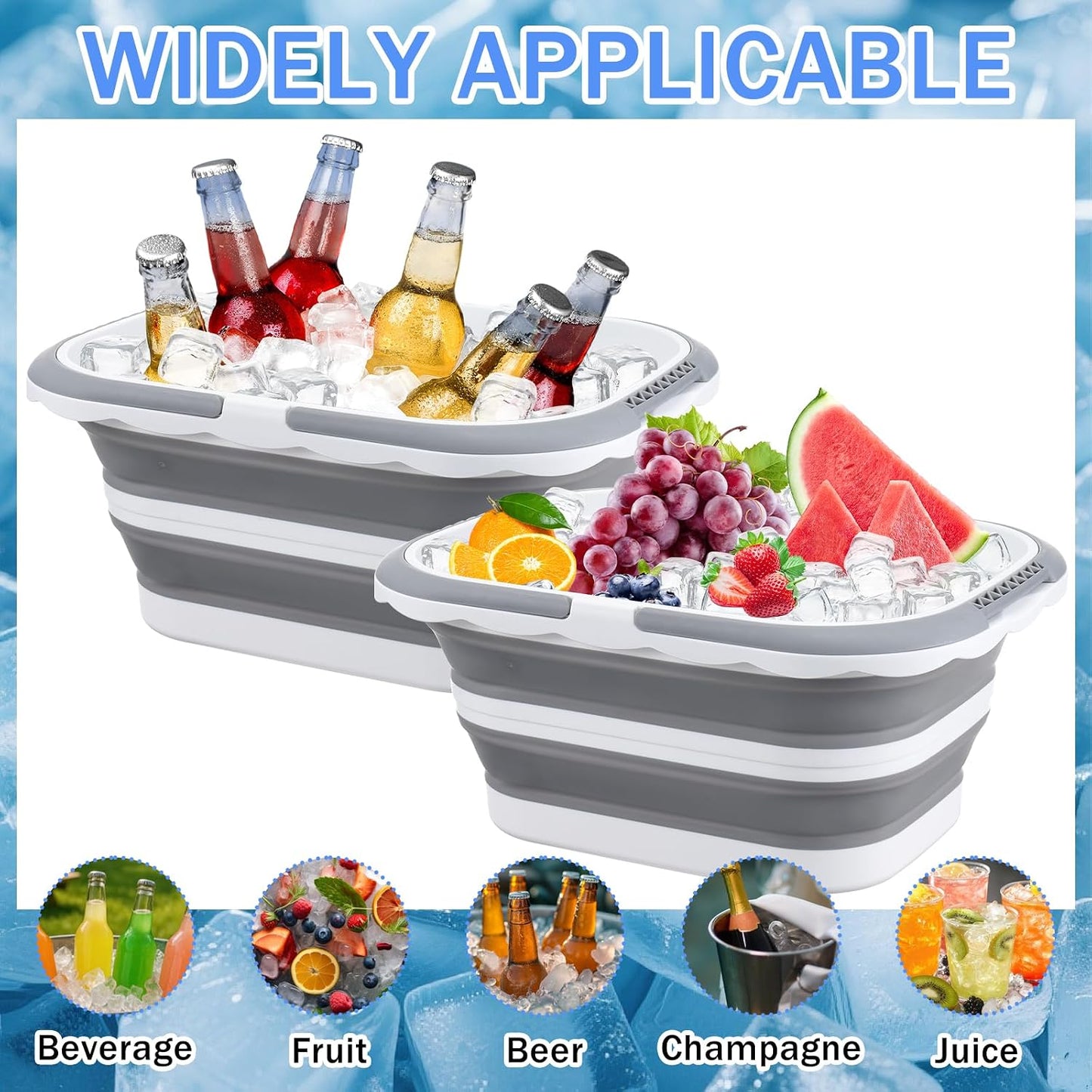 2 Pack Ice Buckets for Parties, Foldable Beverage Tub, Collapsible Ice Bucket for Wine/Beer/Champagne, Large Beer Ice Buckets Drink Cooler, Space Saving Ice Storage Tub Ice Cube Bin (8.5L*2)
