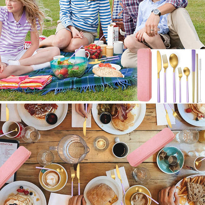 AARAINBOW 8 Pieces Stainless Steel Flatware Set Portable Reusable Cutlery Set Travel Utensils Set Including Chopsticks Knife Fork Spoon Straws Cleaning Brush Dishwasher Safe (Pink Golden)