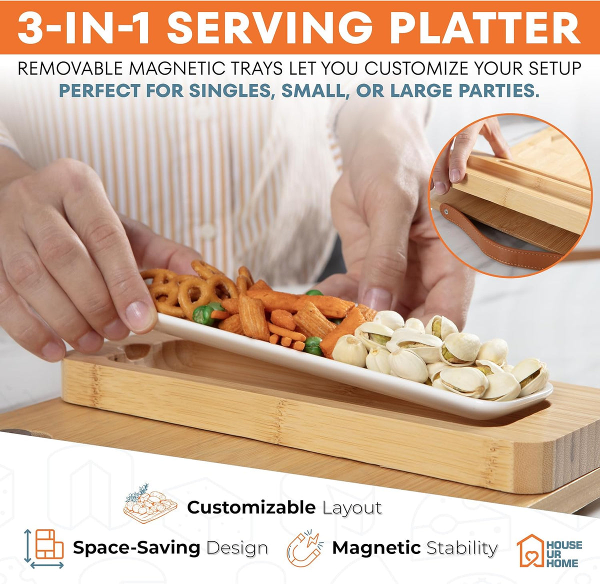 Bamboo Charcuterie Board Set with Magnetic Side Trays | Large Cheese Platter with Knives & Bowls | Unique Housewarming, Wedding & Birthday Gift for Entertaining