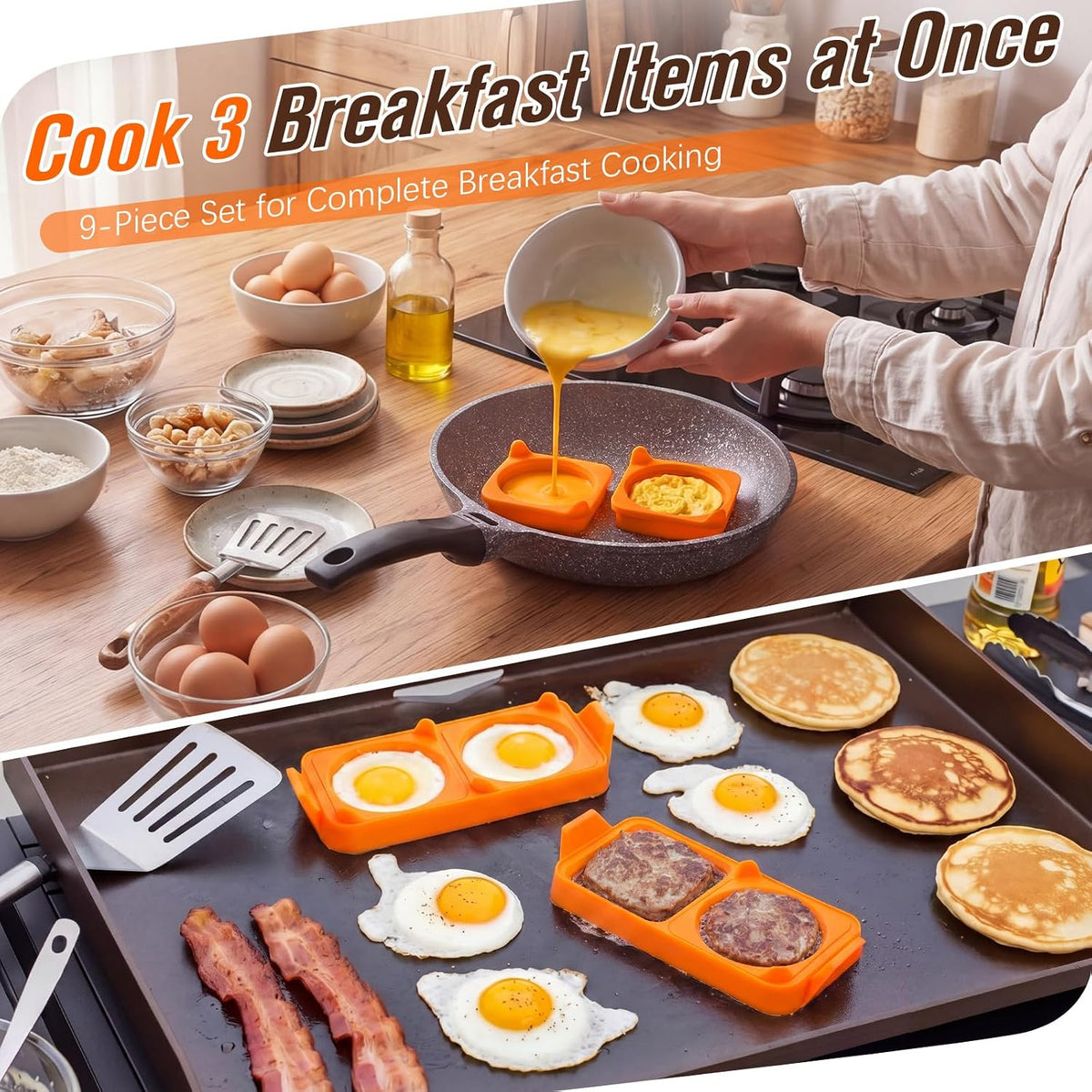 3 Pack Silicone Egg Rings for Griddle, 9 PCs Leakproof Food Grade Egg Rings with Heatproof Handle, High Side Wall, NonStick Grilling Accessories Compatible with Blackstone Griddle