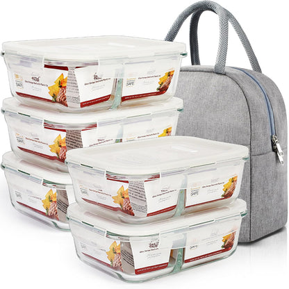 DAS TRUST 5 Pack 36oz Bento Box Glass Meal Prep Containers 3 Compartments Glass Food Storage Containers with Lids Meal Prep Bowls Lunch Box Glass Food Prep Containers Lunch Container for Oven