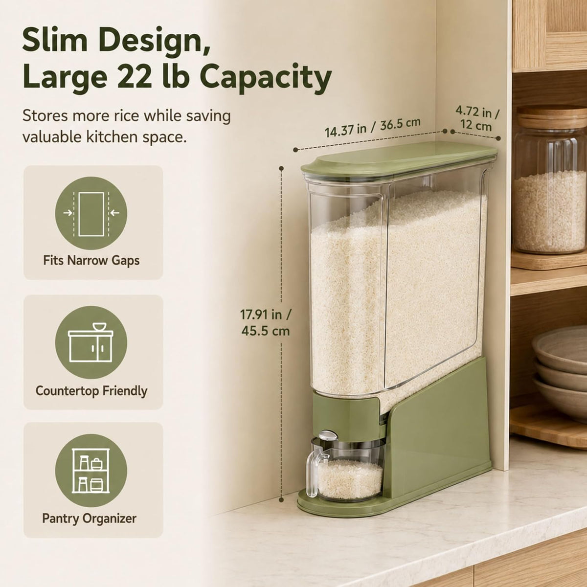 ROOM127 Rice Dispenser 22 Lbs, Large Airtight Grain Container, Cream White | Family Size Storage, BPA-Free, Moisture-Proof Seal, One-Touch Pouring, Clear Window, for Cereal, Beans, Oats & Dry Food