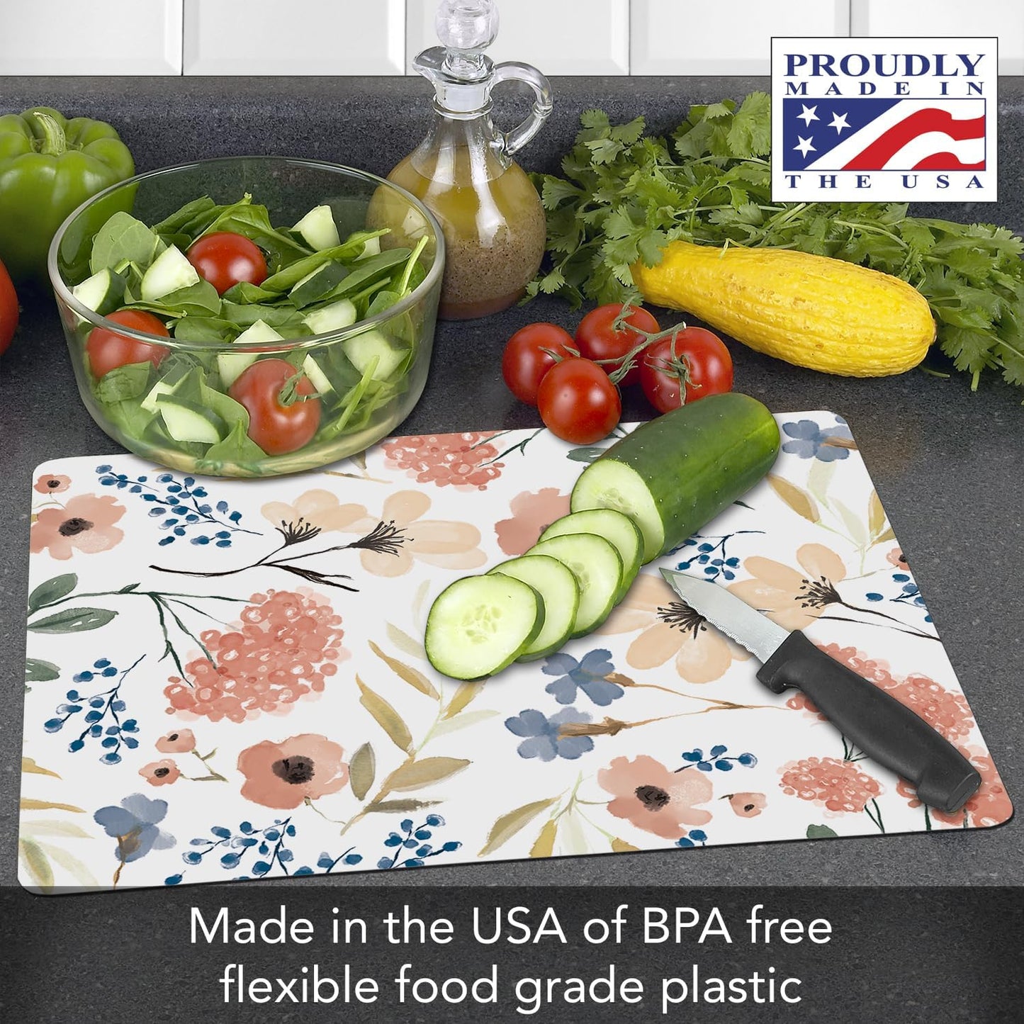 Cut N' Funnel Eat Fresh Designer Flexible Cutting Board Mat 15" x 11.5" Made in the USA Decorative Flexible Easy to Clean