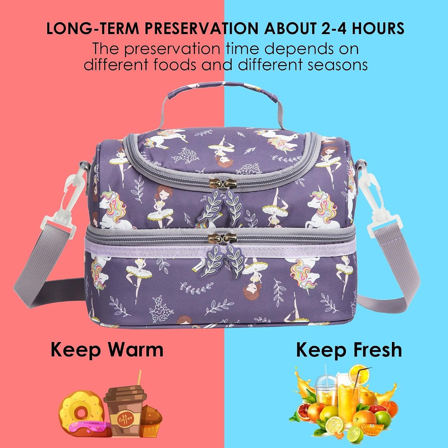 Insulated Kids Dual Compartment Lunch Bags Tote Pack for Girls Boys Toddler Kindergarten School Picnic Cooler Thermal Lunch Boxes with Strap (Green Rainbow)
