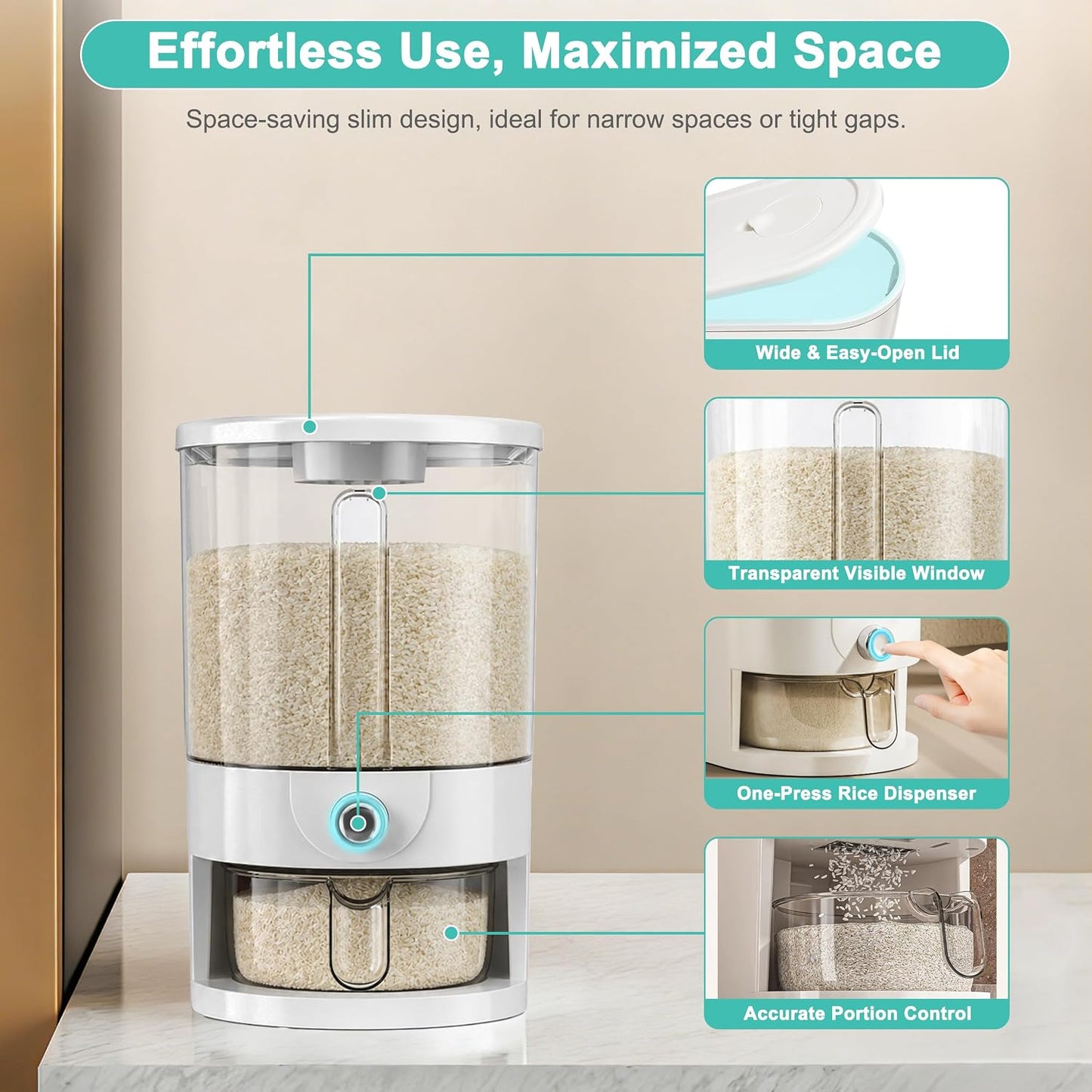 10LBS Rice Dispenser,Transparent Rice Container Storage with Measuring Cup,Food Grain Dispenser for Dry Goods, Multi-Purpose Kitchen Pantry Storage Box