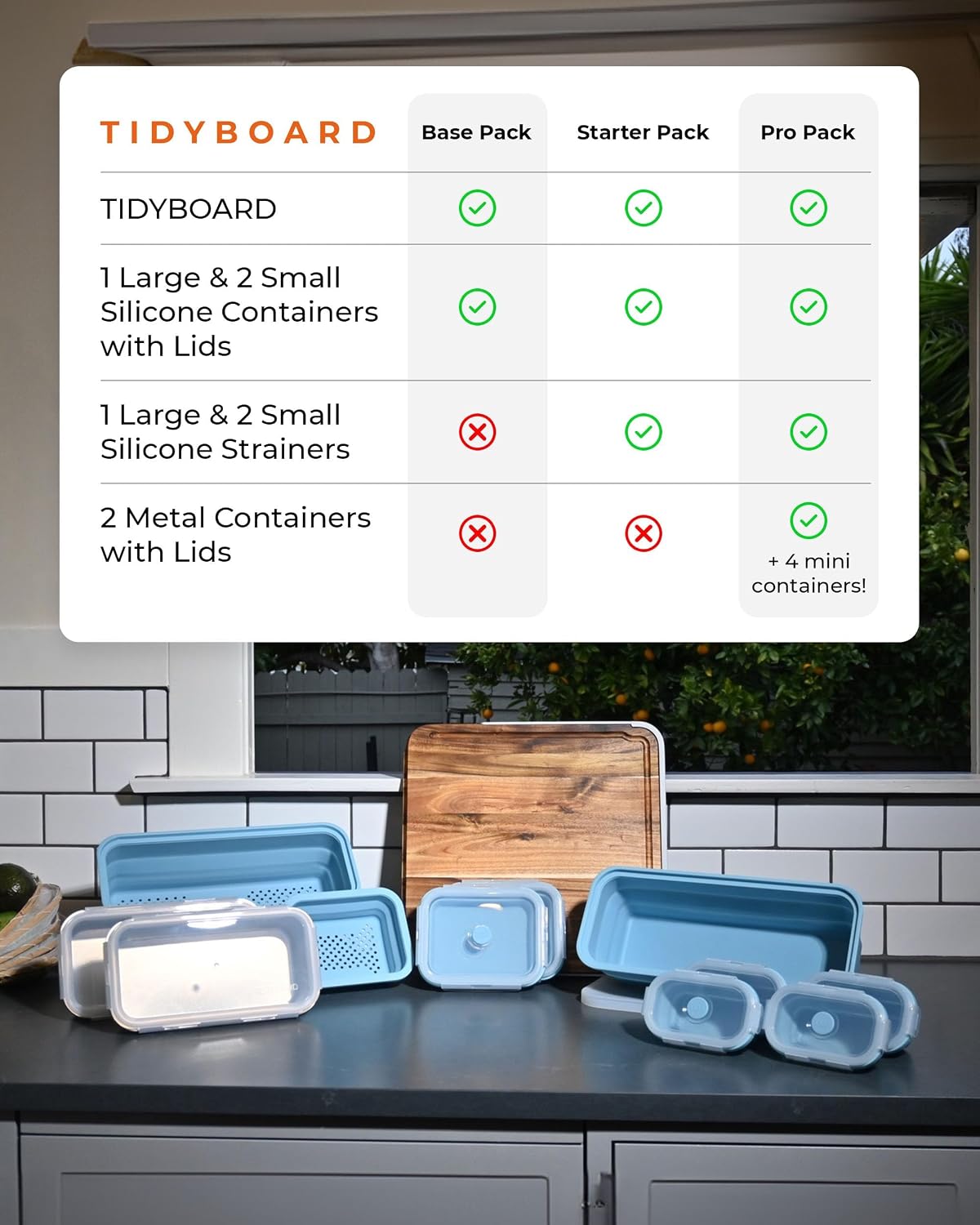 TidyBoard Meal Prep System Base Pack - Over-the-Sink Smart Chopping Board with 1 Large & 2 Small Silicone Tubs & Lids - 1” Thick Acacia Wood Cutting Board with Containers, 7 pieces
