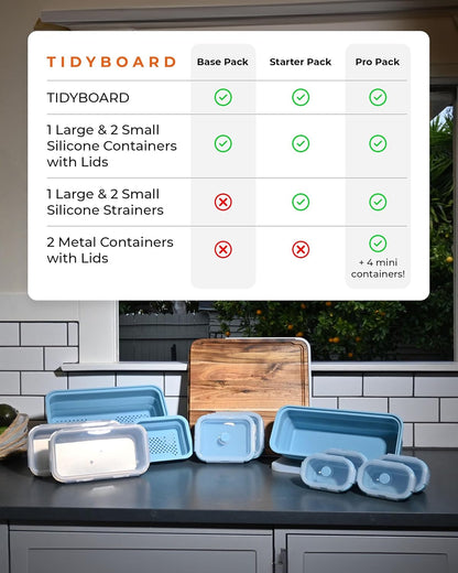 TidyBoard Meal Prep System Base Pack - Over-the-Sink Smart Chopping Board with 1 Large & 2 Small Silicone Tubs & Lids - 1” Thick Acacia Wood Cutting Board with Containers, 7 pieces