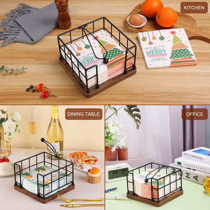 Napkin Holder for Table, Metal Napkin Holder Dispenser with Salt and Pepper Shakers Storage, 3-in-1 Utensil Holder Spice Rack for Kitchen Dining Table Buffet Patio Camping (Black)