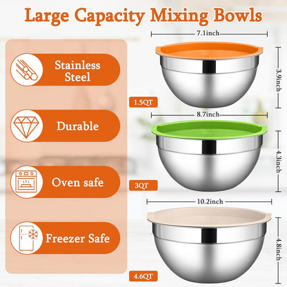 LIANYU Mixing Bowls with Airtight Lids Sets, 3 Packs Stainless Steel Metal Mixing Bowls, Ideal for Prepping, Cooking, Storage, Serving, Freezer & Dishwasher Safe, Khaki