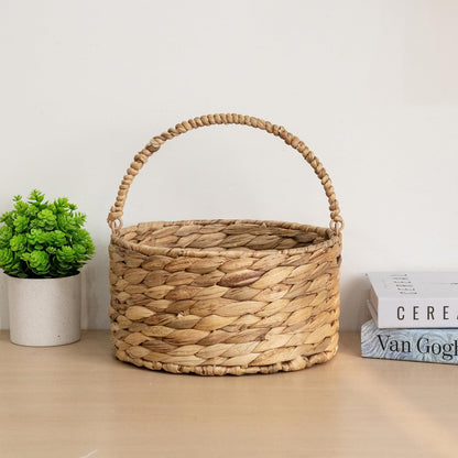 Round Water Hyacinth Storage Basket Handwoven Boho Decor with Handle for Bathroom, Living Room & Kitchen Countertop Organizer 9.84” x 5.51”