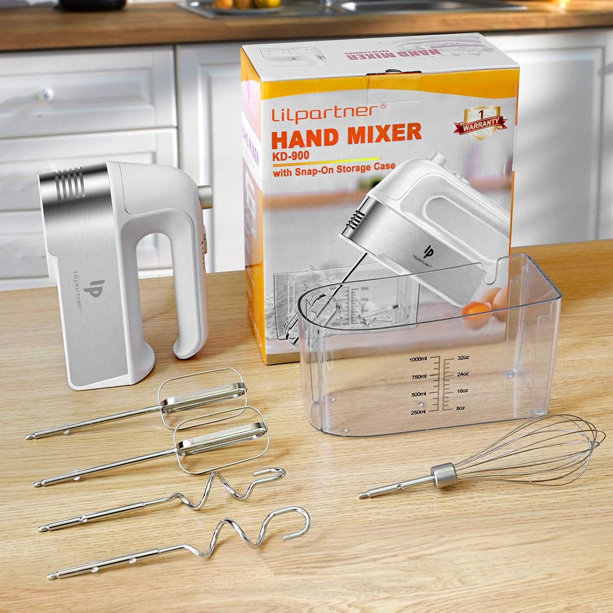 Hand Mixer Electric, 450W Kitchen Mixers with Scale Cup Storage Case, Turbo Boost/Self-Control Speed + 5 Speed + Eject Button + 5 Stainless Steel Accessories, For Easy Whipping Dough, Cream, Black