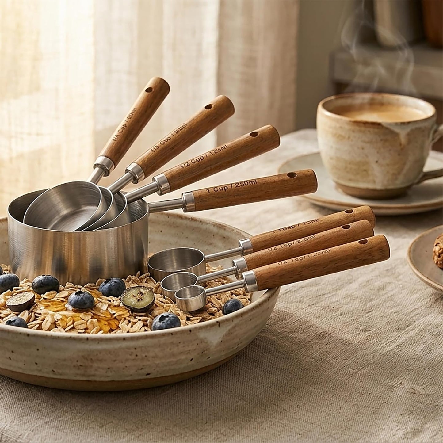 Measuring Cups and Spoons Set, Stainless Steel Metal measuring Cups with Wooden Handles, Great for Dry and Liquid Ingredients, Engraved Metric Markings, Nesting Design for Baking