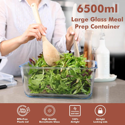Razab 6500ml / 220 Oz / 28 Cups Extra Large Glass Food Storage Containers with Lids - Leakproof Glass Meal Prep Containers with Locking Lids for Roasting & Storing Leftover - Microwave & Oven Safe