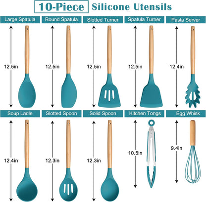 E-far Silicone Cooking Utensils Set, 5-Piece Kitchen Utensils Set with Wooden Handle for Cooking, Silicone Kitchen Nonstick Tools Spatula Turner Slotted Spoons, Nontoxic & Heat Resistant-Khaki