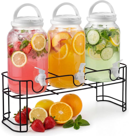 Tanlade 3 Pcs Plastic Drink Dispenser with Stand Beverage Dispenser with Sturdy Metal Base Juice Dispensers for Parties Lemonade Jar Spigot for Weddings Countertop, Each 1 Gallon(White)