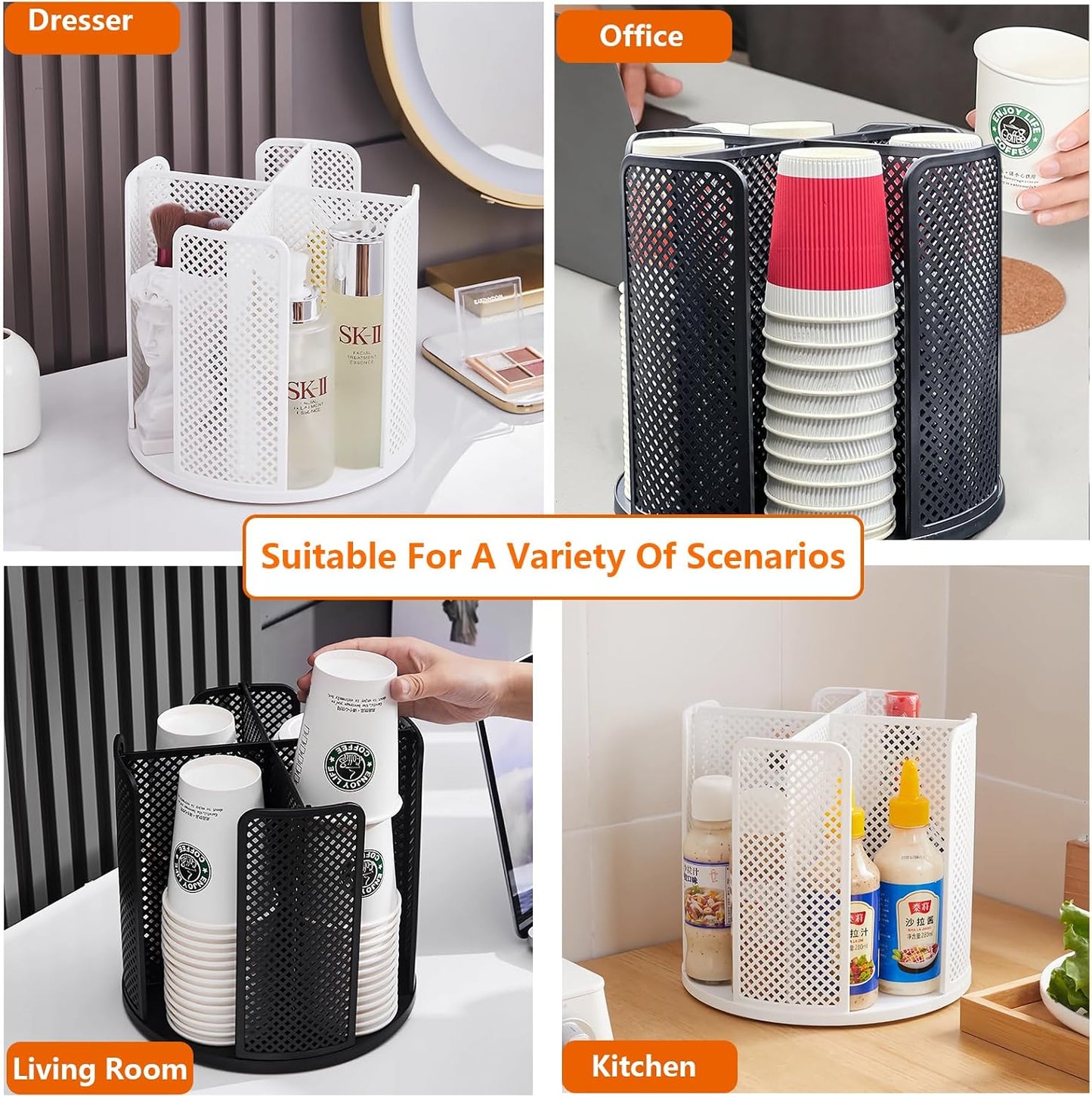 Paper Cup and Lid Holder, Rotatable Coffee Cup Dispenser fit 5-16oz Disposable Cups Organizer, Plastic Cup Storage Rack for Countertop, Coffee Shop, Station, Bar, Office,Kitchen, Black