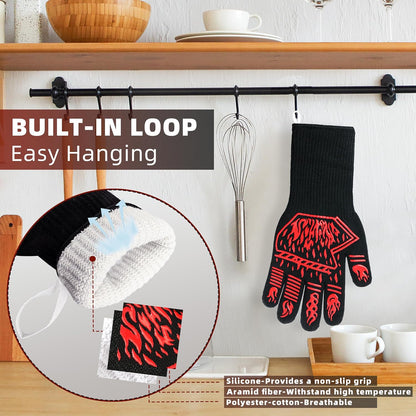 BBQ Gloves 1472F Heat Resistant Anti Slip Long with 2 Hooks