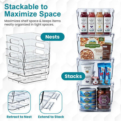 Basicwise 9-Inch Open-Front Clear Storage Bin with Easy-Grip Handle Stackable Transparent Plastic Organizer Container for Pantry Cabinet Refrigerator Drawers Closets and Shelf Organization, Medium