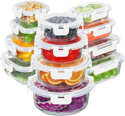 BAYZZ 24 Piece Glass Food Storage Containers with Lids, Airtight Glass Meal Prep Containers for Kitchen, BPA-Free Lunch Box, Microwave and Freezer Safe