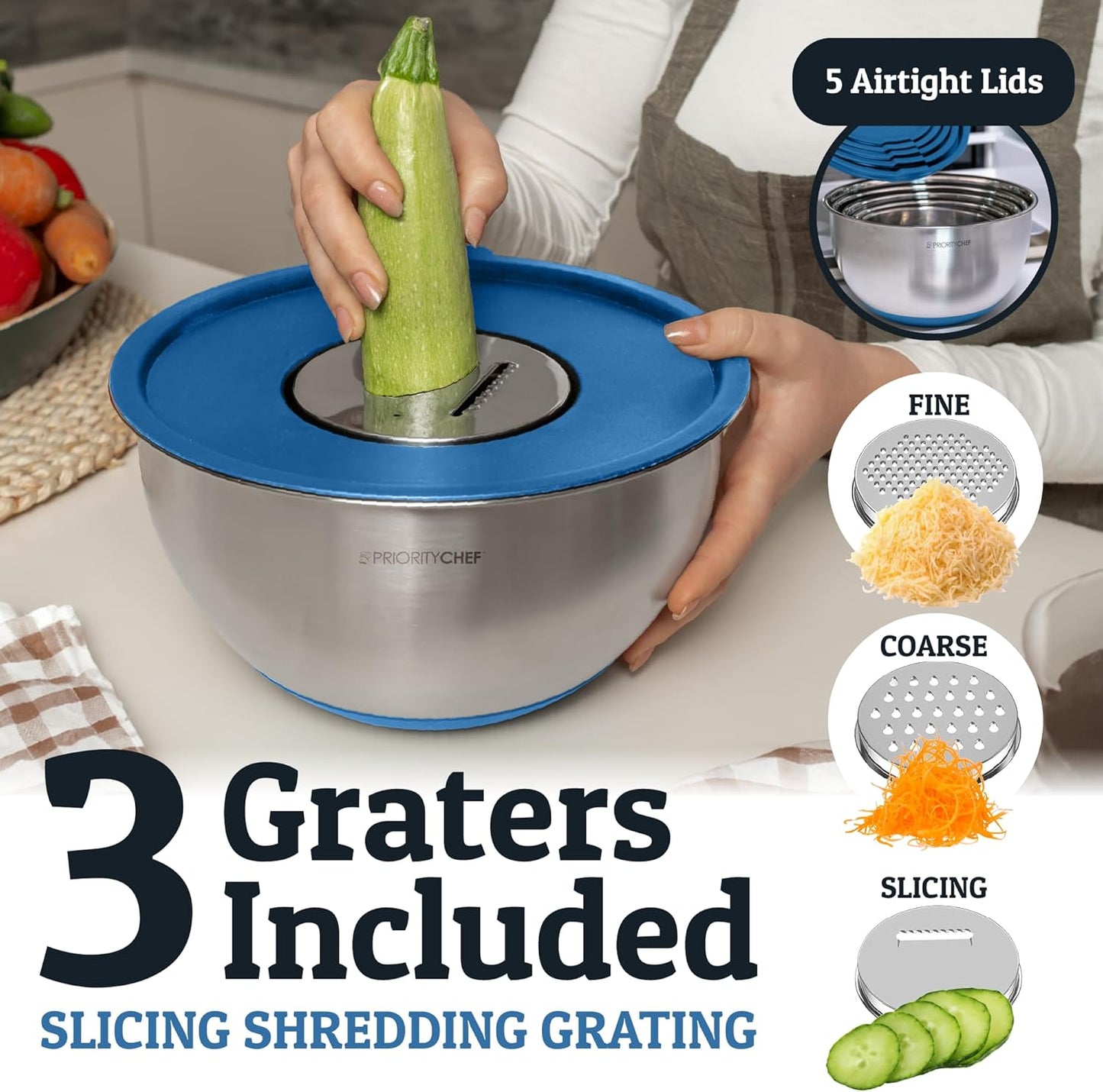 Priority Chef Stainless Steel Mixing Bowls with Lids Set, Metal Nesting Bowls with Airtight Lids, Graters, Non-Slip Base & Measurement Marks, Includes Utensil Set for Prep, Baking & Storage, Black