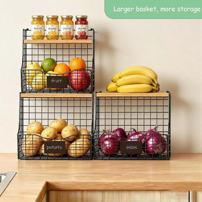 3 Pack Extra Large Fruit Basket for Kitchen with Wood Lid Nameplate - Counter&Wall Mounted Onion and Potato Storage Bin, Stackable Metal Hanging Wire Baskets,15.74 * 8.66 * 10.63 inch
