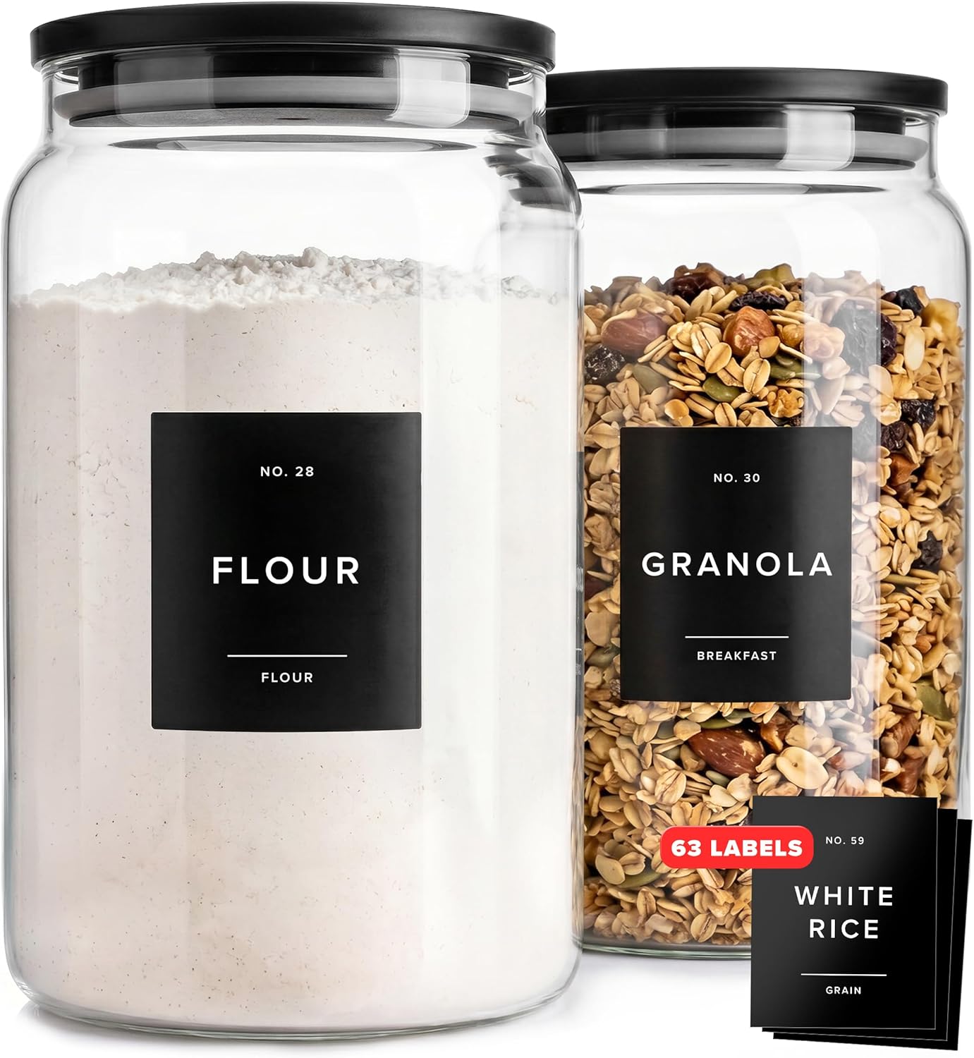 EDELHAUS 2x Large Glass Storage Containers with Airtight Black Lids [135oz/4000ml] | Extra Thick Glass Canisters for Pantry + 63 Labels | Flour Rice Cereal Sugar Coffee Beans Tea