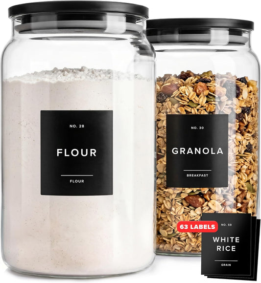 EDELHAUS 2x Large Glass Storage Containers with Airtight Black Lids [135oz/4000ml] | Extra Thick Glass Canisters for Pantry + 63 Labels | Flour Rice Cereal Sugar Coffee Beans Tea