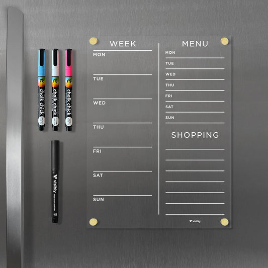 Magnetic Acrylic Meal Planner, Menu & Shopping List Board for Fridge, 9” x 12” Clear Refrigerator Organizer, Includes 4 Magnetic Wet-Erase Markers, Silver Corner Magnets