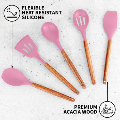Zulay Kitchen Utensils Set Non-Stick Silicone Cooking Utensils Set with Authentic Acacia Wood Handles - 5 Piece Silicone Utensil Set - Kitchen Utensils Set with 464°F Heat Resistance - Gray