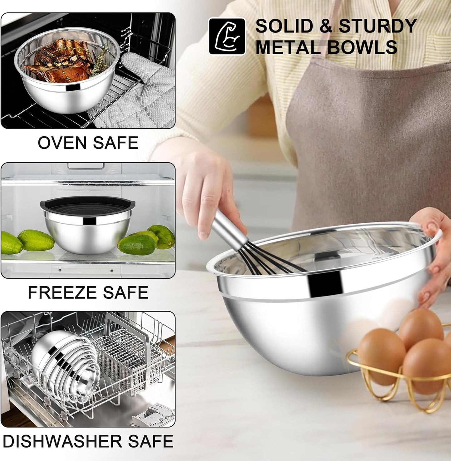 E-far Stainless Steel Mixing Bowls with Lids Set, 5-Piece Nesting Salad Bowls with 3 Grater Attachments and Non-Slip Bottoms, Size 4.6, 2.6, 2, 1.5, 1QT for Kitchen (Khaki)