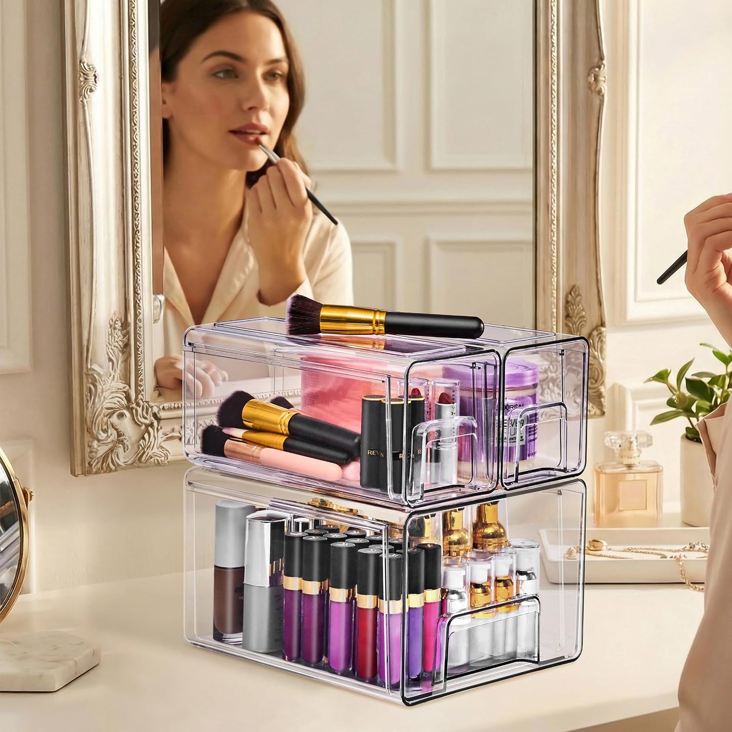 Sorbus Clear Stackable Storage Drawers, 4-Piece Set 1 Large, 1 Medium & 2 Small Pull-Out Plastic Organizer Bins with Handles for Bathroom, Closet, Pantry, Cabinet & Medicine Storage