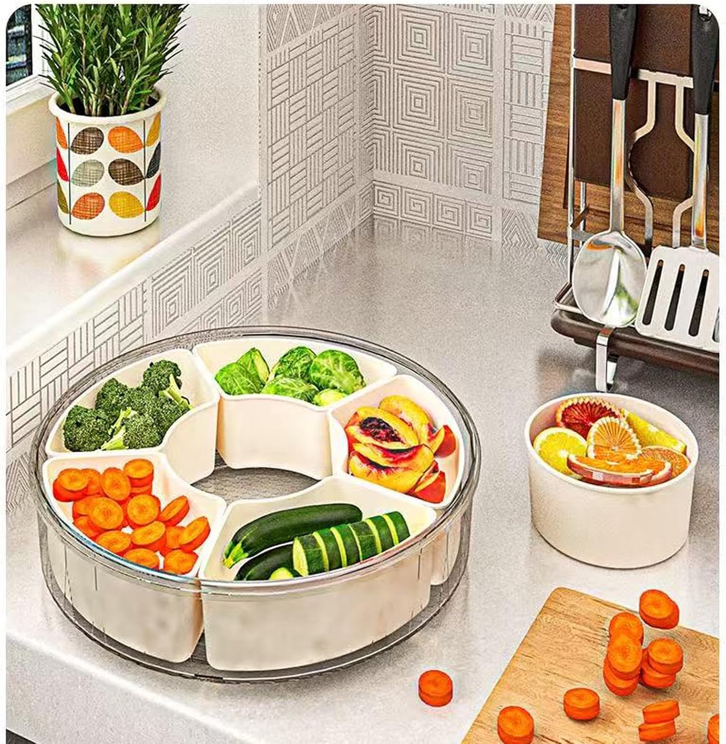 Divided Serving Tray with Lid and Handle,6 Compartments Portable Divided Snackle Box Container,Round Portable Snack Tray Veggie Tray with Lid,Clear Lazy Susan Snack Box for Fruit,Veggie,Candy,Nuts