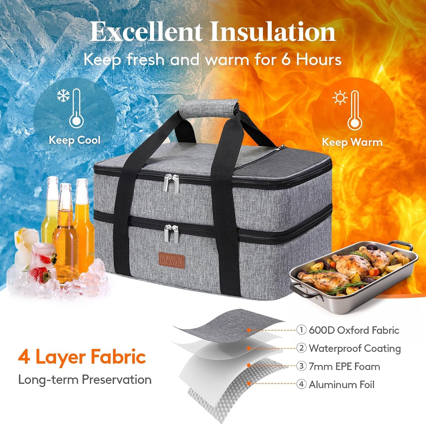 Lifewit Insulated Double Decker Casserole Carrier for Hot or Cold Food, Casserole Dish Carrying Case, Lasagna Holder for Potluck Parties, Picnic and Cookouts, Fits 9"x13" Baking Dish, Grey