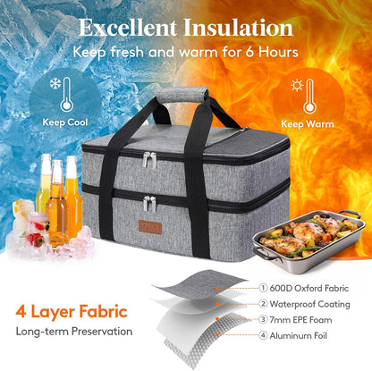 Lifewit Insulated Double Decker Casserole Carrier for Hot or Cold Food, Casserole Dish Carrying Case, Lasagna Holder for Potluck Parties, Picnic and Cookouts, Fits 9"x13" Baking Dish, Grey