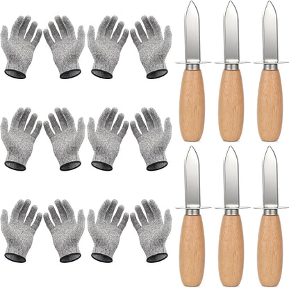Oyster Shucking Knife Set of 6 with 6 Pairs Cut-Resistant Gloves, Professional Oyster Shucker Set for Clams, Mussels & Shellfish, Stainless Steel Oyster Knife Shucker Set for Home Kitchen, BBQ