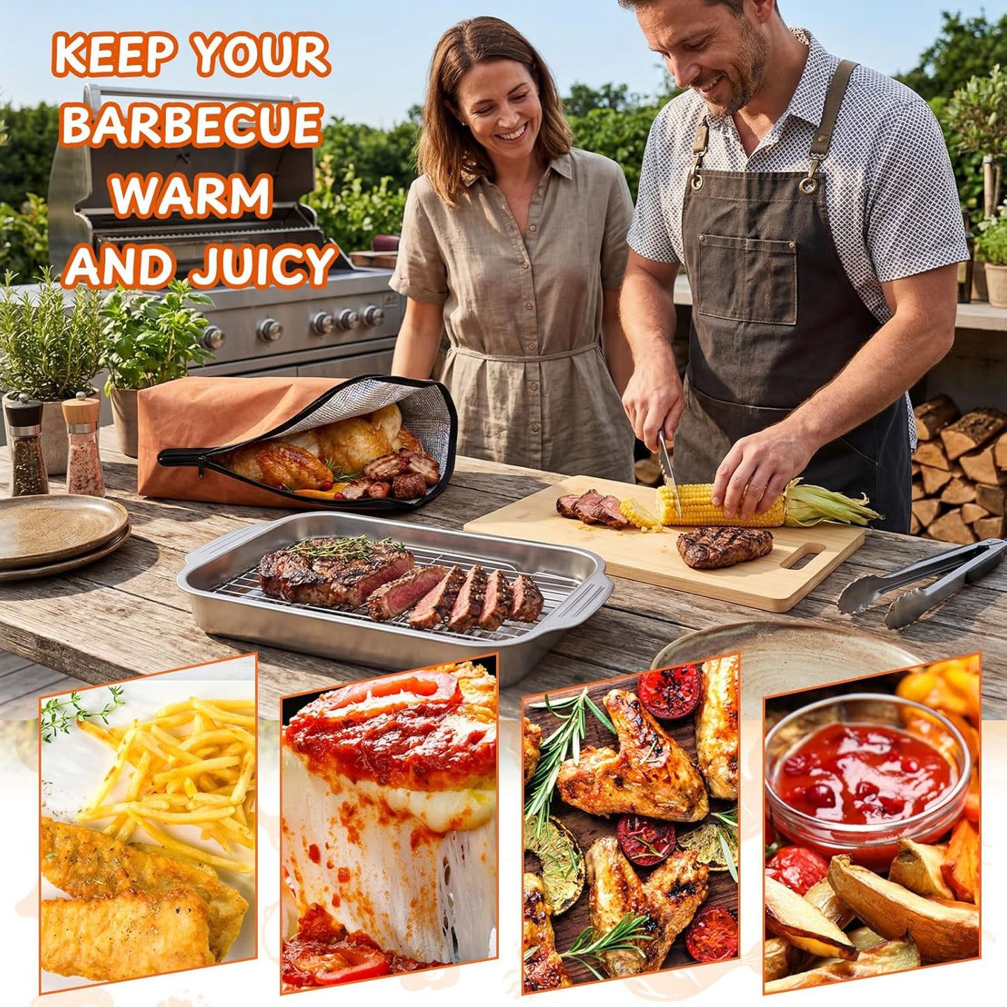 Hushee 6 Pcs Stainless Steel Grill Prep and Serve Tray Set, Grill Carry System, Large Marinating Container with Lid, Metal Grates, Cutting Board, Meat BBQ Blanket Food Prep, BBQ Grilling Accessories