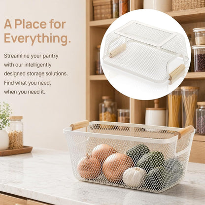 Noamus 3 Pack Metal Mesh Baskets with Wood Handle, Iron Storage Organizer Basket, Cream White Wire Countertop Baskets for Organizing, Cabinet Pantry Closet Bedroom Kitchen(3 Size)