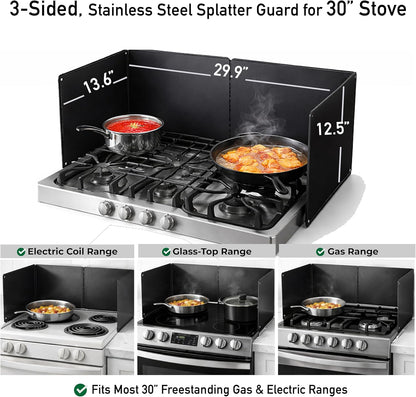 Foldable, Nonstick, Grease Splatter Guard for Stove Top by Baetle– Heavy-Duty Stainless Steel Oil Splash Shield, Premium Black Style, 29.5" Wide Back Panel, 13.6" Deep–with Spoon Rest
