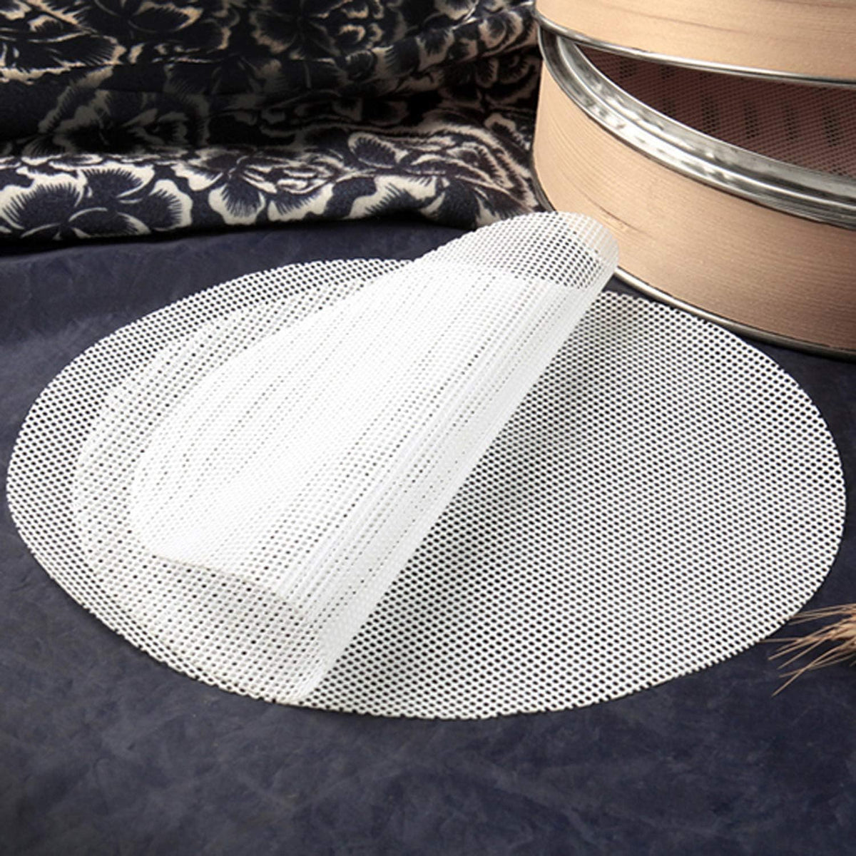GUCUJI 10 Inch Silicone Bamboo Steamer Liners - Non-Stick, Reusable Steamer Mesh Mats for Steamed Buns, Dumplings, veggies, Dim Sum, Momo, Rice, and fish - Food Grade BPA Free (4Pcs)