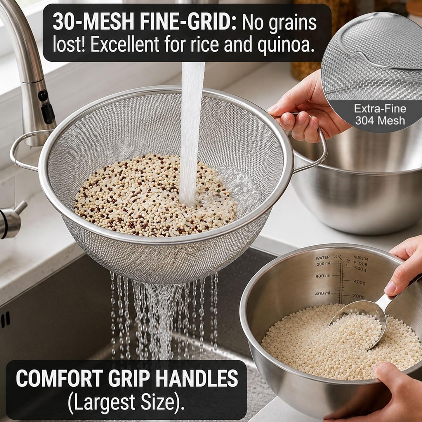 304 Stainless Steel Colander Set, 1.5QT Colander with Bowl, 30-Mesh Micro Perforated Strainer for Rice, Quinoa, Pasta, Fruits & Vegetables,2 pack
