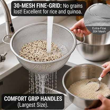 304 Stainless Steel Colander Set, 1.5QT Colander with Bowl, 30-Mesh Micro Perforated Strainer for Rice, Quinoa, Pasta, Fruits & Vegetables,2 pack