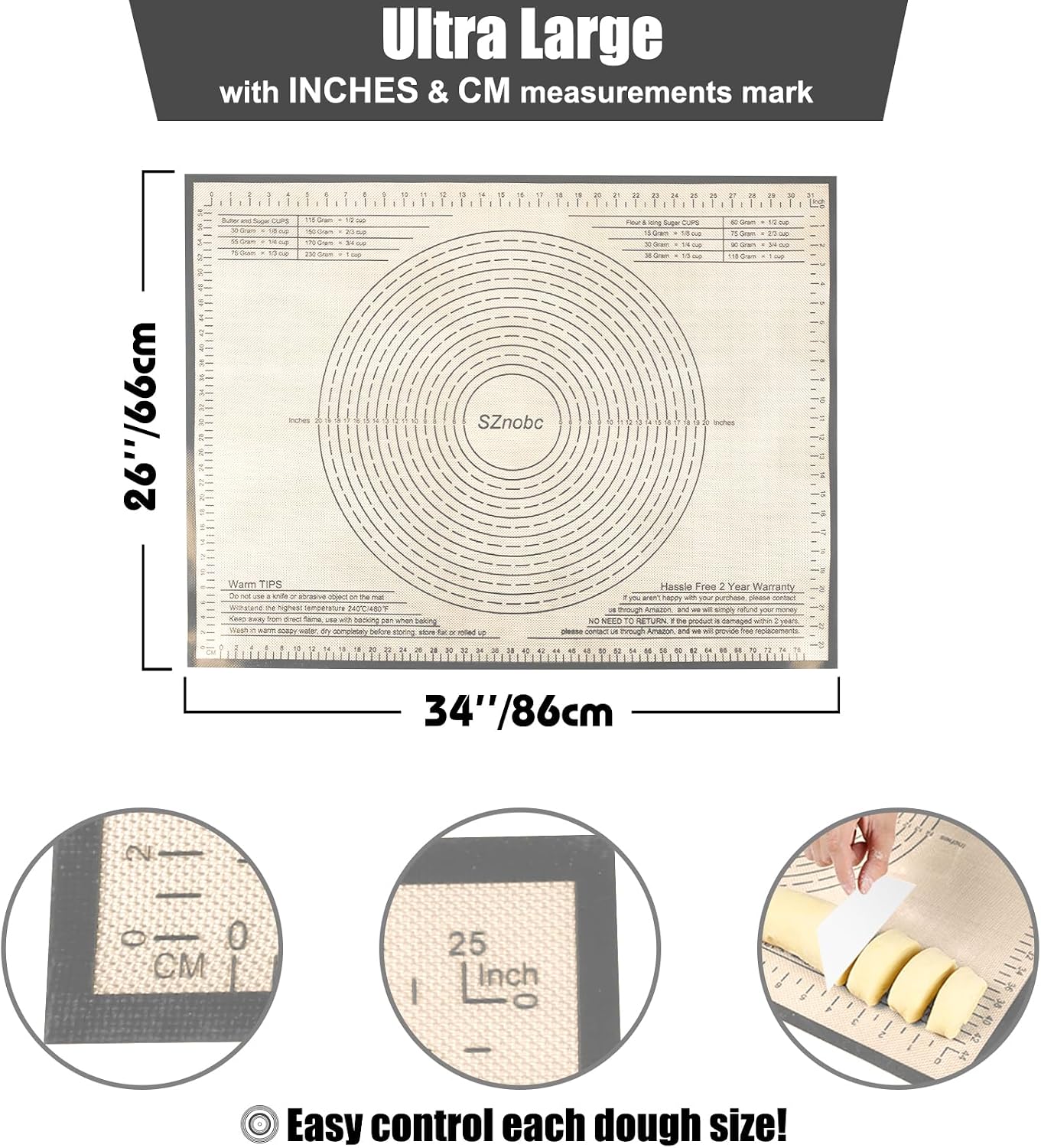 Non-slip Silicone Pastry Mat 36''By 24'' Nonstick Baking Mats Extra Large Counter Mat for Dough Rolling, Pastry, Pie Crust, Fondant, Cookies, Bread, Pasta, Pizza Mat