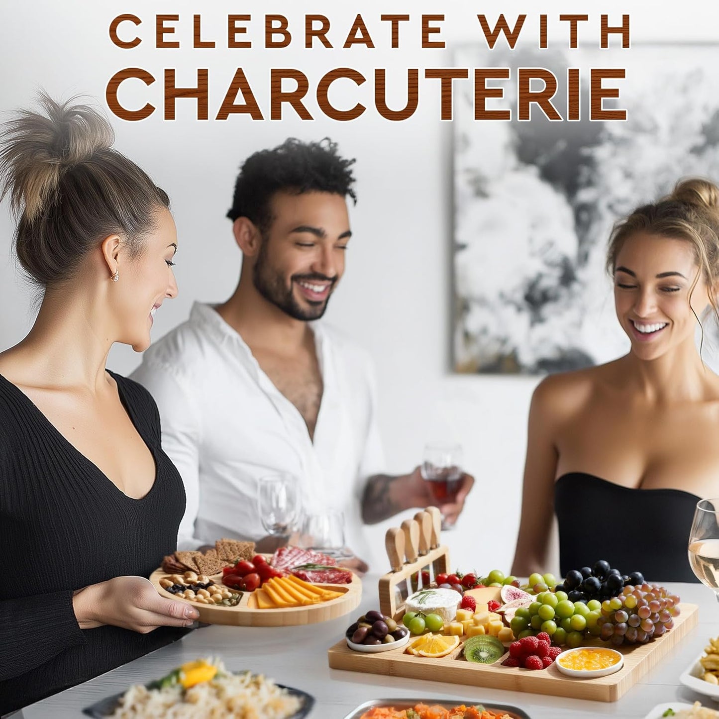 Charcuterie Boards Cheese Board Premium Gift Set - 23 Pieces, Bamboo - Large Size Plus Fruit Tray with Utensil Drawer, Knives, Forks, Wine Opener for Birthday Present, Housewarming, Wedding Shower