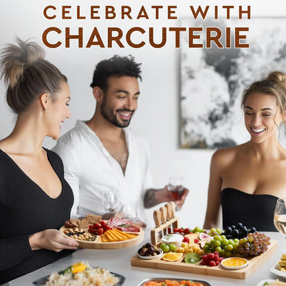 Charcuterie Boards Cheese Board Premium Gift Set - 23 Pieces, Bamboo - Large Size Plus Fruit Tray with Utensil Drawer, Knives, Forks, Wine Opener for Birthday Present, Housewarming, Wedding Shower